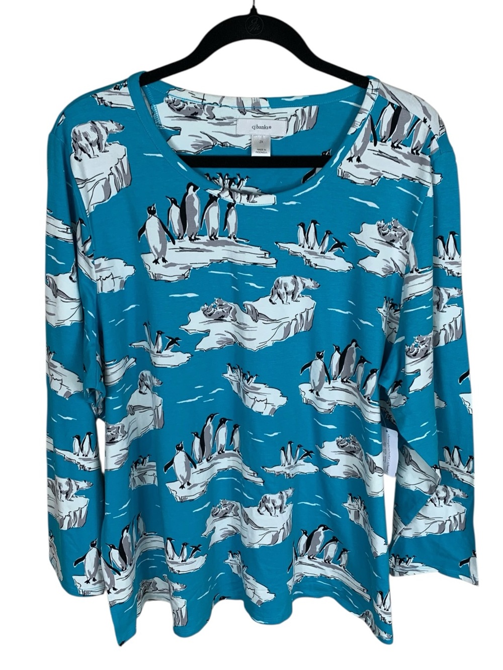 Women's CJ Banks Blue Penguin Polar Bear All Over Print Long Sleeve T-Shirt 2X